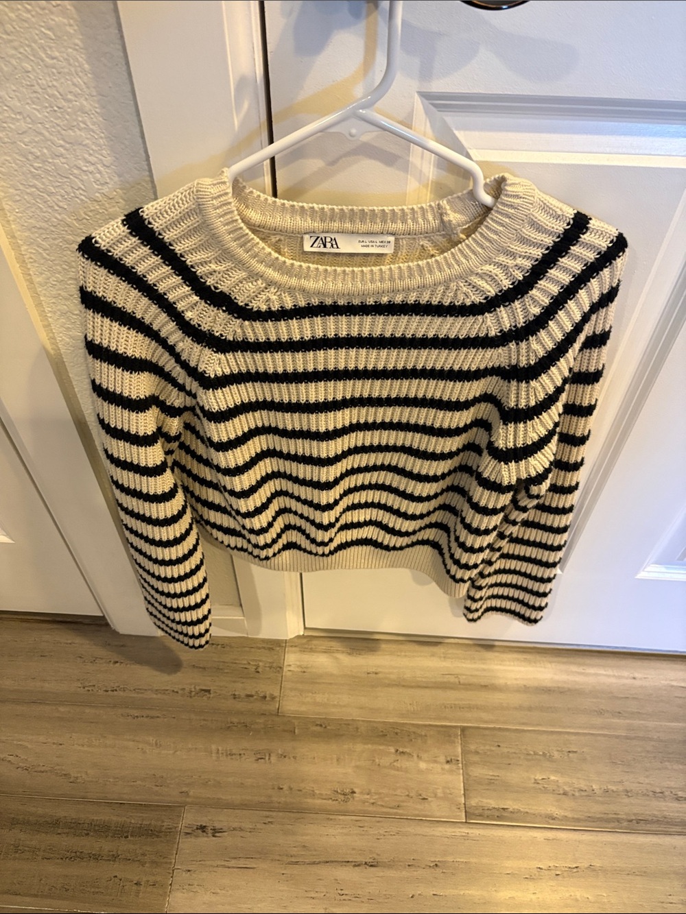 Zara Cream and Black Striped Crewneck Sweater